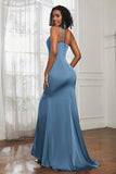Mermaid Satin Ruched Pleated Formal Evening Dresses with Slit Prom Party Gowns
