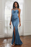 Mermaid Satin Ruched Pleated Formal Evening Dresses with Slit Prom Party Gowns
