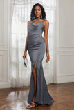 Mermaid Satin Ruched Pleated Formal Evening Dresses with Slit Prom Party Gowns