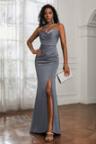 Mermaid Satin Ruched Pleated Formal Evening Dresses with Slit Prom Party Gowns