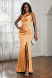 Mermaid Satin Ruched Pleated Formal Evening Dresses with Slit Prom Party Gowns