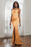 Mermaid Satin Ruched Pleated Formal Evening Dresses with Slit Prom Party Gowns
