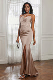 Mermaid Satin Ruched Pleated Formal Evening Dresses with Slit Prom Party Gowns