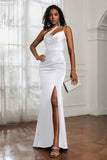 Mermaid Satin Ruched Pleated Formal Evening Dresses with Slit Prom Party Gowns
