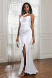 Mermaid Satin Ruched Pleated Formal Evening Dresses with Slit Prom Party Gowns