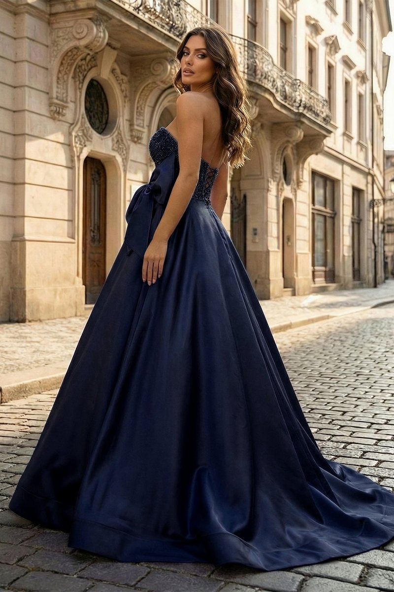 A-Line Sweetheart Lilac Beaded Long Prom Dresses With Bow