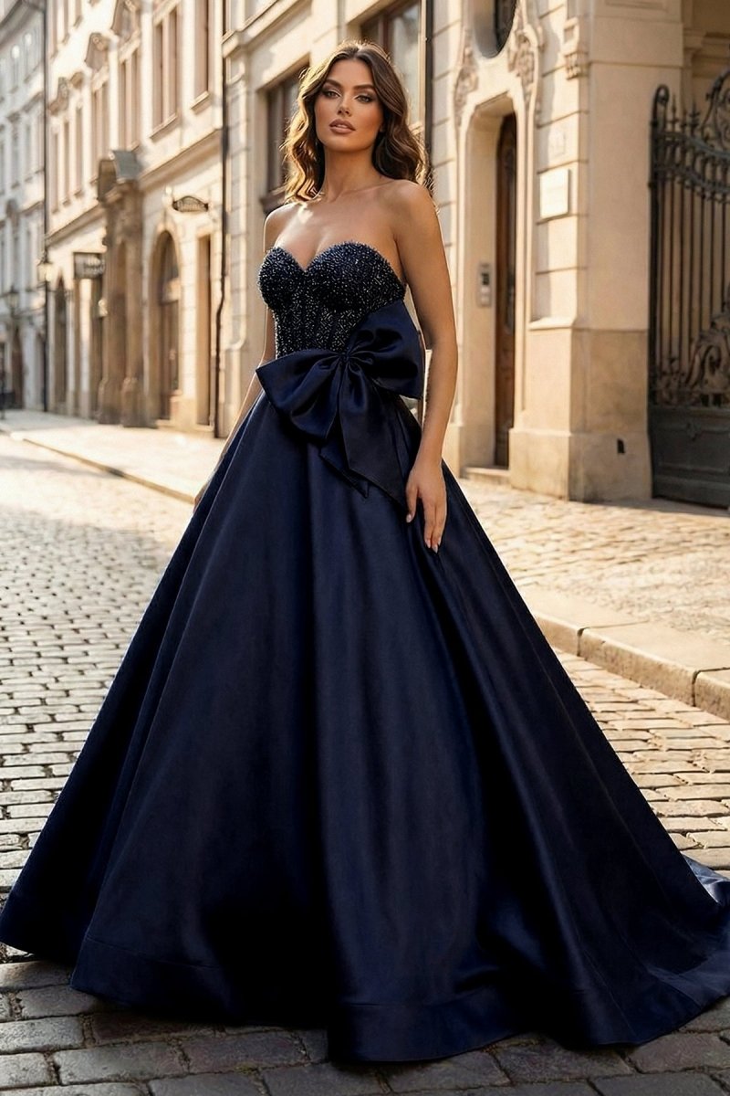 A-Line Sweetheart Lilac Beaded Long Prom Dresses With Bow