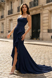 Yellow Spaghetti Straps Mermaid Satin Formal Prom Dress