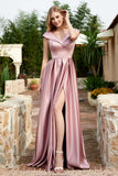 Cap Sleeves Satin Formal Evening Prom Party Dresses V Neck Ruched Bridesmaid Dress Gowns