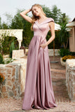 Cap Sleeves Satin Formal Evening Prom Party Dresses V Neck Ruched Bridesmaid Dress Gowns