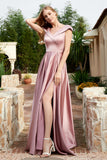 Cap Sleeves Satin Formal Evening Prom Party Dresses V Neck Ruched Bridesmaid Dress Gowns