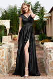 Cap Sleeves Satin Formal Evening Prom Party Dresses V Neck Ruched Bridesmaid Dress Gowns