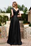 Cap Sleeves Satin Formal Evening Prom Party Dresses V Neck Ruched Bridesmaid Dress Gowns