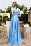 Cap Sleeves Satin Formal Evening Prom Party Dresses V Neck Ruched Bridesmaid Dress Gowns