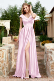 Cap Sleeves Satin Formal Evening Prom Party Dresses V Neck Ruched Bridesmaid Dress Gowns