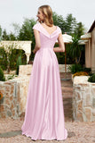 Cap Sleeves Satin Formal Evening Prom Party Dresses V Neck Ruched Bridesmaid Dress Gowns