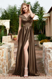 Cap Sleeves Satin Formal Evening Prom Party Dresses V Neck Ruched Bridesmaid Dress Gowns