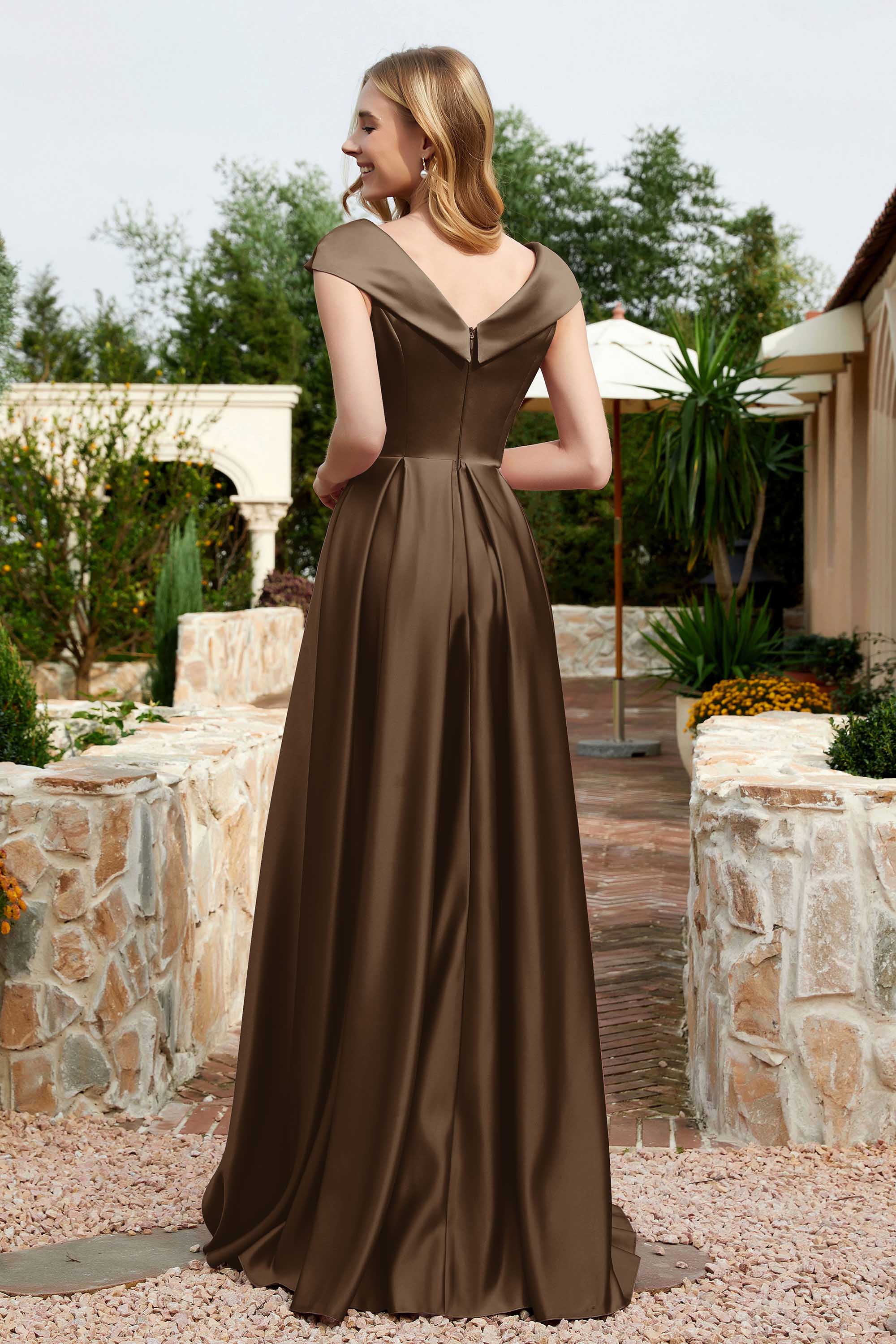 Cap Sleeves Satin Formal Evening Prom Party Dresses V Neck Ruched Bridesmaid Dress Gowns