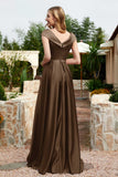 Cap Sleeves Satin Formal Evening Prom Party Dresses V Neck Ruched Bridesmaid Dress Gowns