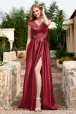 Cap Sleeves Satin Formal Evening Prom Party Dresses V Neck Ruched Bridesmaid Dress Gowns