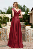 Cap Sleeves Satin Formal Evening Prom Party Dresses V Neck Ruched Bridesmaid Dress Gowns