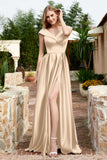 Cap Sleeves Satin Formal Evening Prom Party Dresses V Neck Ruched Bridesmaid Dress Gowns