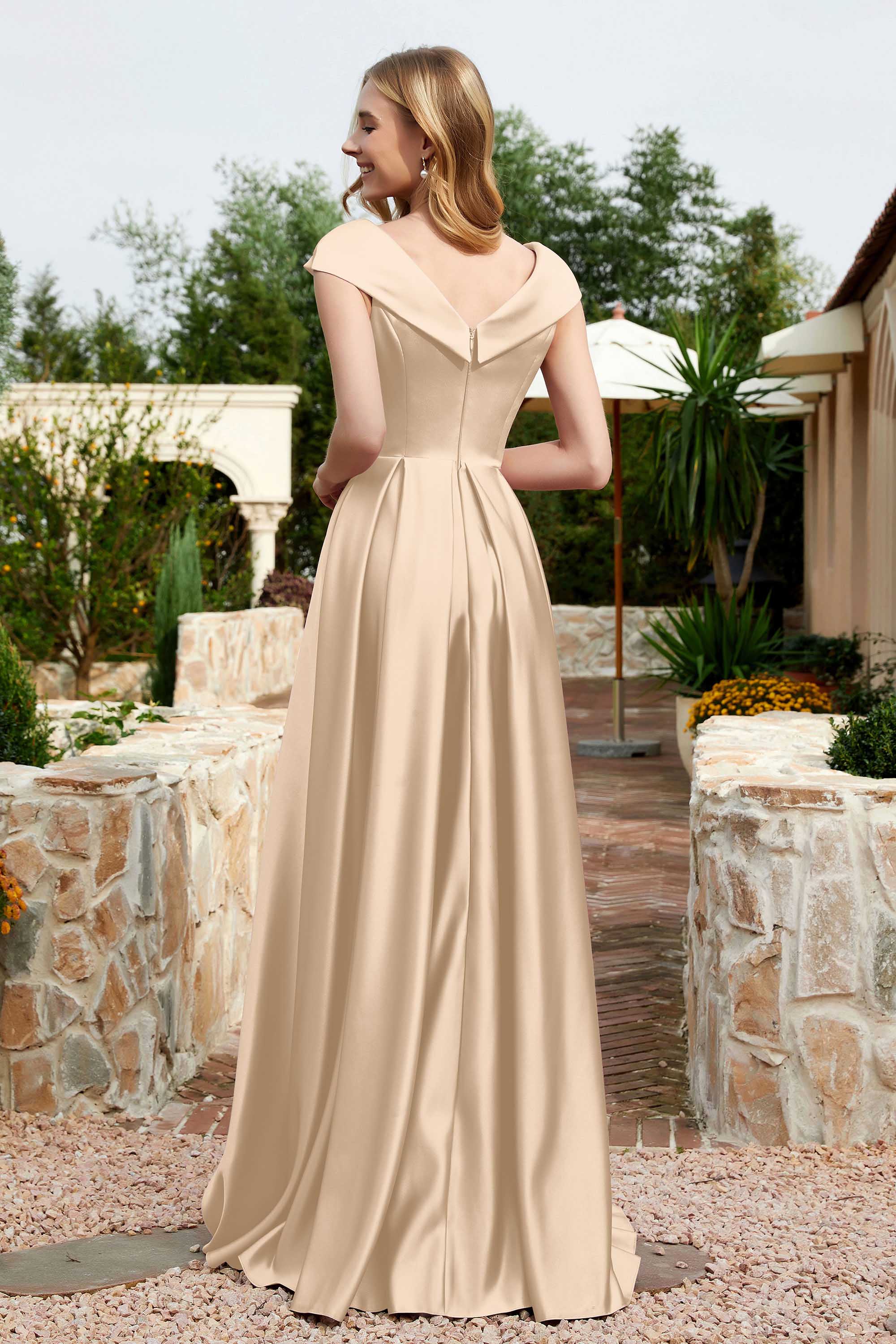 Cap Sleeves Satin Formal Evening Prom Party Dresses V Neck Ruched Bridesmaid Dress Gowns