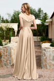Cap Sleeves Satin Formal Evening Prom Party Dresses V Neck Ruched Bridesmaid Dress Gowns