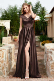 Cap Sleeves Satin Formal Evening Prom Party Dresses V Neck Ruched Bridesmaid Dress Gowns