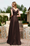 Cap Sleeves Satin Formal Evening Prom Party Dresses V Neck Ruched Bridesmaid Dress Gowns