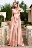 Cap Sleeves Satin Formal Evening Prom Party Dresses V Neck Ruched Bridesmaid Dress Gowns