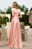 Cap Sleeves Satin Formal Evening Prom Party Dresses V Neck Ruched Bridesmaid Dress Gowns