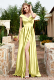 Cap Sleeves Satin Formal Evening Prom Party Dresses V Neck Ruched Bridesmaid Dress Gowns