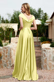 Cap Sleeves Satin Formal Evening Prom Party Dresses V Neck Ruched Bridesmaid Dress Gowns