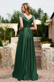 Cap Sleeves Satin Formal Evening Prom Party Dresses V Neck Ruched Bridesmaid Dress Gowns
