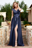 Cap Sleeves Satin Formal Evening Prom Party Dresses V Neck Ruched Bridesmaid Dress Gowns