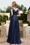 Cap Sleeves Satin Formal Evening Prom Party Dresses V Neck Ruched Bridesmaid Dress Gowns