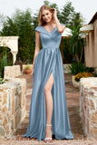 Cap Sleeves Satin Formal Evening Prom Party Dresses V Neck Ruched Bridesmaid Dress Gowns