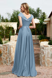 Cap Sleeves Satin Formal Evening Prom Party Dresses V Neck Ruched Bridesmaid Dress Gowns
