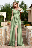 Cap Sleeves Satin Formal Evening Prom Party Dresses V Neck Ruched Bridesmaid Dress Gowns
