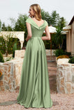 Cap Sleeves Satin Formal Evening Prom Party Dresses V Neck Ruched Bridesmaid Dress Gowns