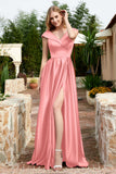 Cap Sleeves Satin Formal Evening Prom Party Dresses V Neck Ruched Bridesmaid Dress Gowns