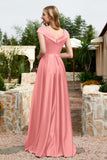 Cap Sleeves Satin Formal Evening Prom Party Dresses V Neck Ruched Bridesmaid Dress Gowns
