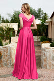 Cap Sleeves Satin Formal Evening Prom Party Dresses V Neck Ruched Bridesmaid Dress Gowns