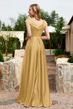 Cap Sleeves Satin Formal Evening Prom Party Dresses V Neck Ruched Bridesmaid Dress Gowns
