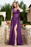 Cap Sleeves Satin Formal Evening Prom Party Dresses V Neck Ruched Bridesmaid Dress Gowns