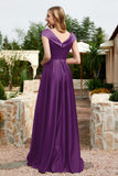 Cap Sleeves Satin Formal Evening Prom Party Dresses V Neck Ruched Bridesmaid Dress Gowns