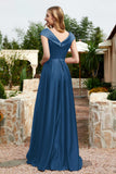 Cap Sleeves Satin Formal Evening Prom Party Dresses V Neck Ruched Bridesmaid Dress Gowns