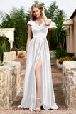 Cap Sleeves Satin Formal Evening Prom Party Dresses V Neck Ruched Bridesmaid Dress Gowns