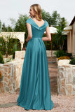 Cap Sleeves Satin Formal Evening Prom Party Dresses V Neck Ruched Bridesmaid Dress Gowns